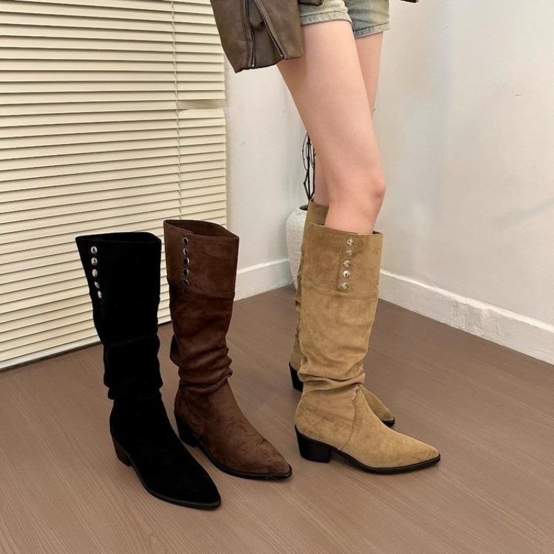 New Style Women'S Vintage Pleated Woman Knee High Boot Elegant Low Heel Autumn Winter Shoes Ladies Pointed Toe Knight Long Boots