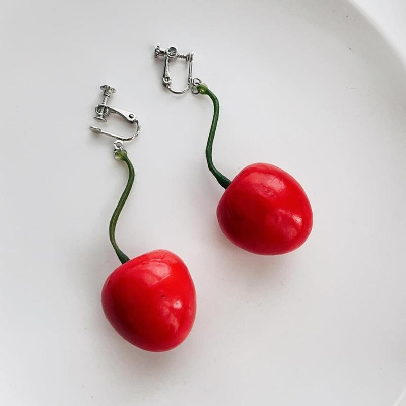 3D Red Cherry Fruit Drop Dangle Earrings Plastic Fruit Sweet Funny Ear Clips for Women Girls Tassels Aesthetic Jewelry