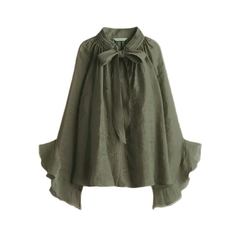 Summer New Product Women's Clothes Gathers Stand Collar Long Sleeves Fashion Casual Neckline Shoelace Sheer Top 1259011