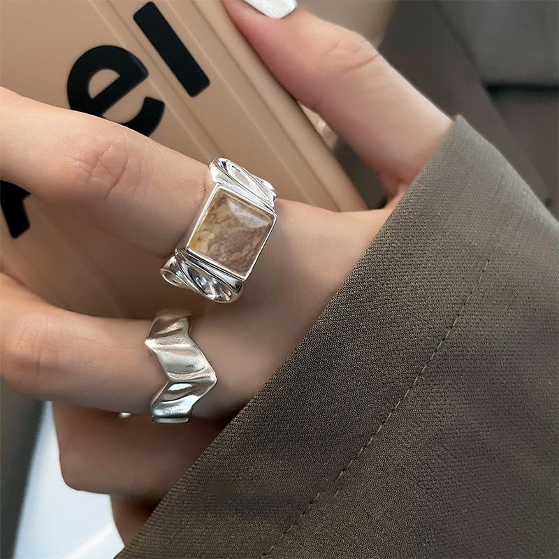 Real 925 Sterling Silver Personality Wave Stone Adjustable Retro Ring Fine Jewelry For Women Party Elegant Accessories