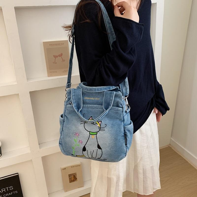Embroidered Denim Bag Women's Shoulder Bag Cartoon Printed Crossbody Bag