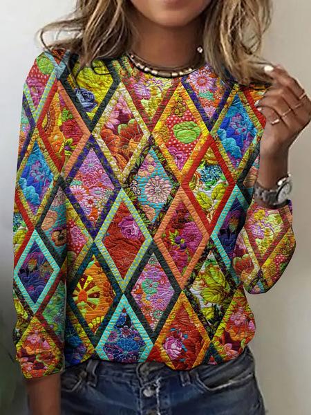 Round Neck 3D Flower Printed Top Fashionable Casual Long Sleeved Women's T-shirts