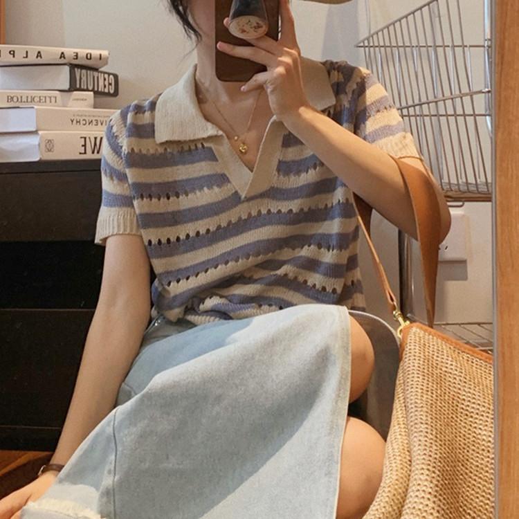 Mode Squelette Rayé Couleur Collision Revers Col V Manches Courtes Chemise Tricotée Courte T-shirt Tops Femme Décontracté Essentiel Coupe Slim Pulls T-shirts