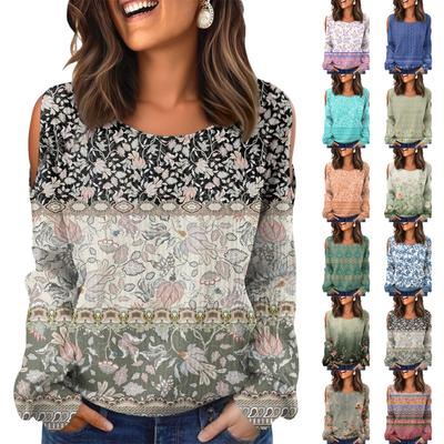 Dámské Zimní Oversized Tričko Módní Odhalující Ramena Kulatý Výstřih Vintage Květinový Potisk Svetr Dlouhý Rukáv Top