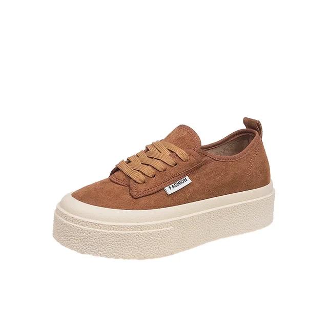 2025 Spring New Sports Women's Shoes Fashion Low Top Thick Bottom Casual Board Shoes Suede Round Head Strap Flat Shoes
