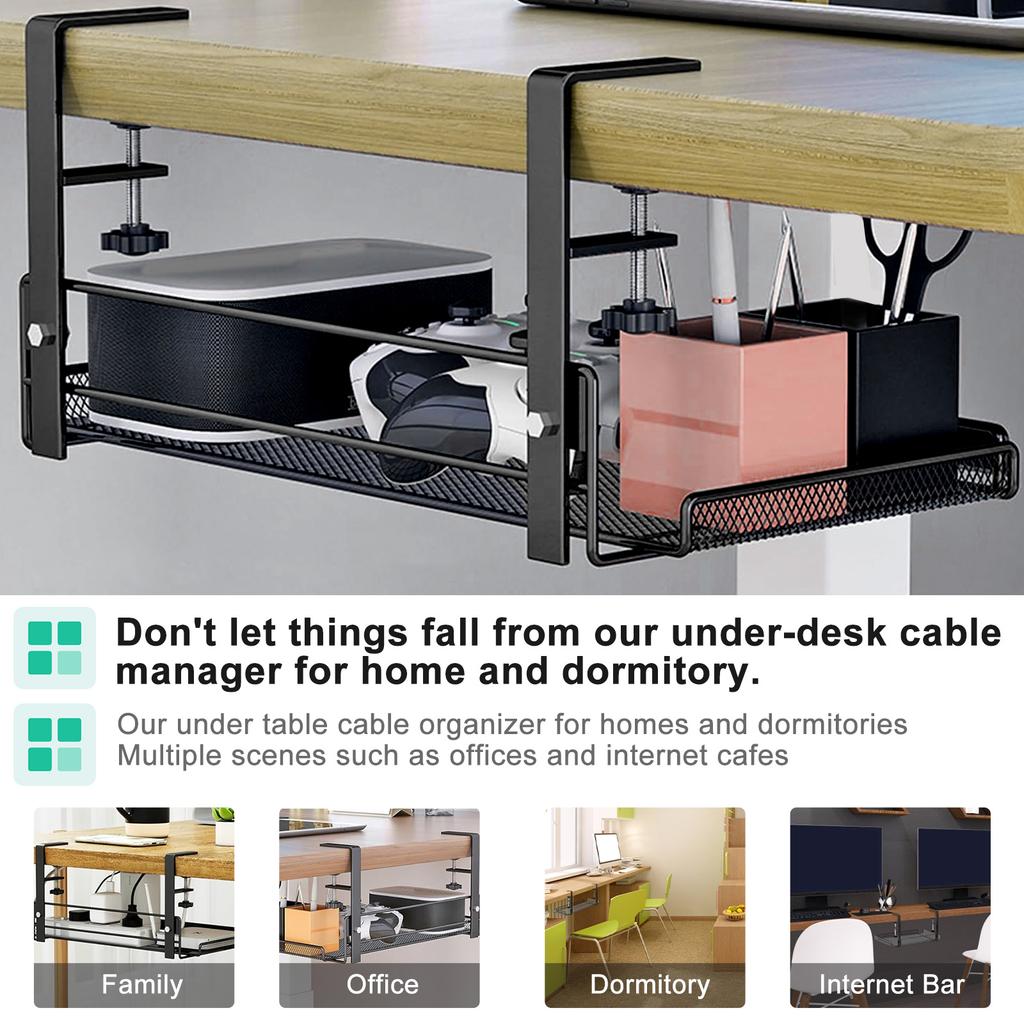 Under Table Storage Rack Under Desk Cable Management Tray with Clamps No Drilling Sturdy Spacious Supplies for Wire Management