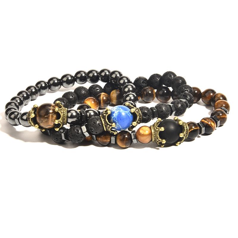 Men's Frosted Tiger Eye Stone Crown Bracelet – Fashionable European & American Beaded Jewelry