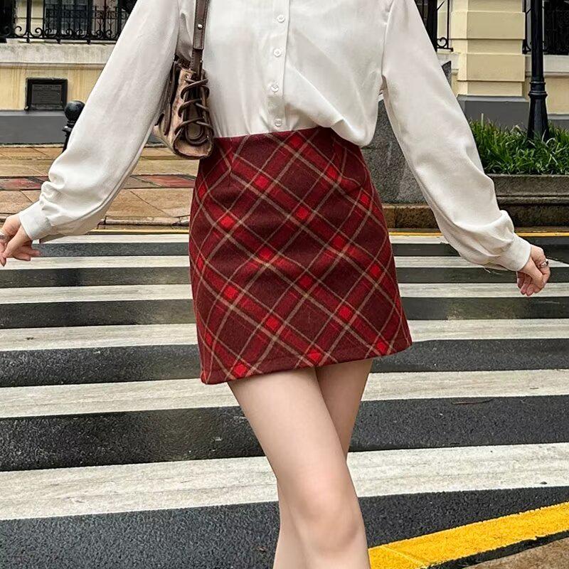 

Женская юбка А-силуэта из шерсти в клетку ретро с высокой талией - Приталенная, Осень/Зима 2024 S красный