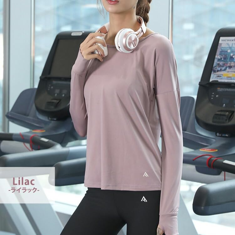 DAYCLOSET Long Sleeve Yoga Top with Pilates Finger Asymmetrical Open Yoga183 Women's Design, Holes, Hem, Quick-Drying, Sweat-Wicking, Thin, Back, (M,