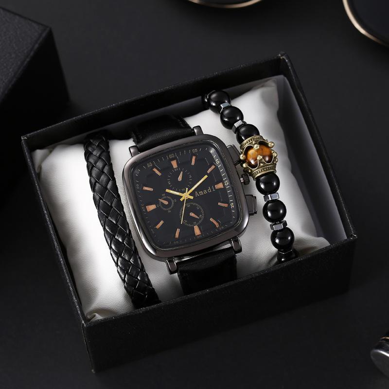 2026 Retro Square Watch Quartz Movement 10mm Case 50mm Glass Classic Design Fashion Men's Dial and Strap Set 3-Piece Casual