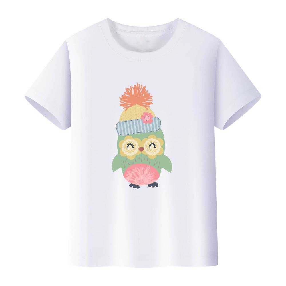 100% Cotton Girls' T-shirt Cute Cat and Penguin 2D Print Short-sleeved Casual Top for Children, Suitable for Both Boys and Girls