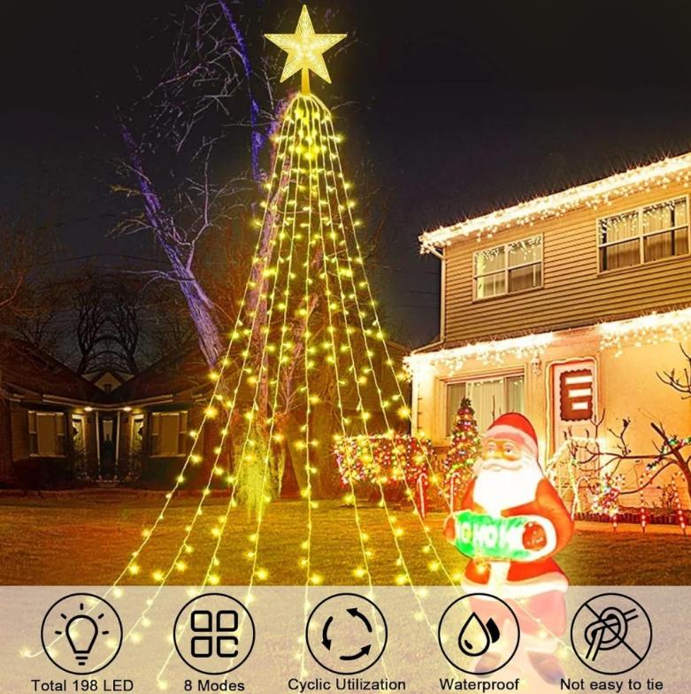 Christmas Star Waterfall Lights USB Leather Cord Flowing Lights Tree-Hanging Lights Outdoor Courtyard Holiday Decoration Colored Lights