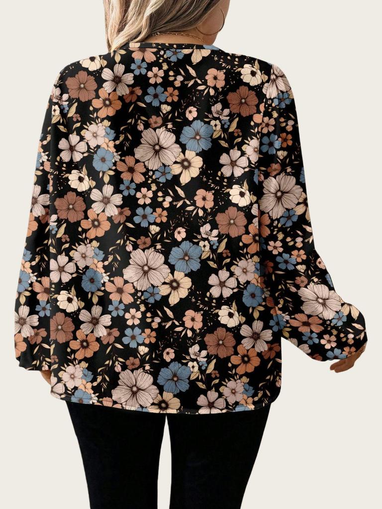Plus Size Retro Floral V-neck Lantern Sleeve Chiffon Blouse