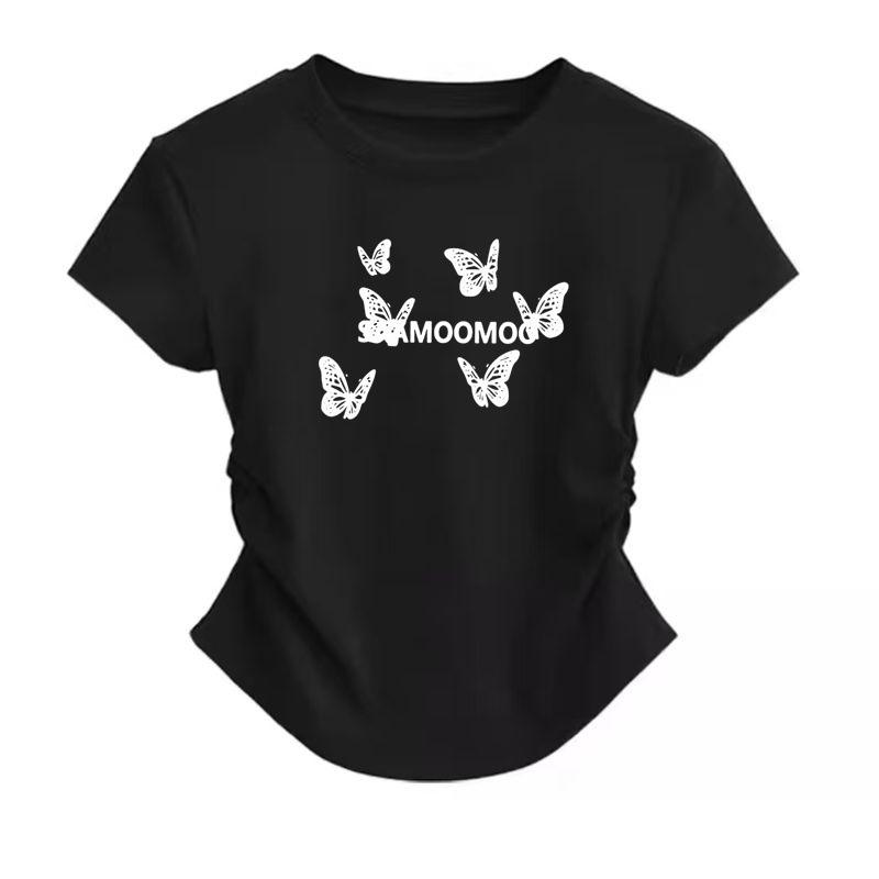 New American front shoulder pinch waist fold slim fit short sleeve T-shirt butterfly print high-end top women