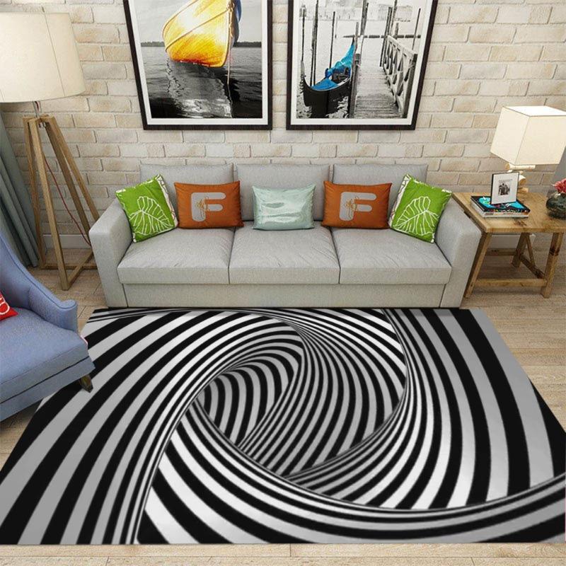 3D Hollow Visual Illusion Carpet Black and White Striped Rug Living Room Bedroom Anti Slip Decoration Mat Home Decoration