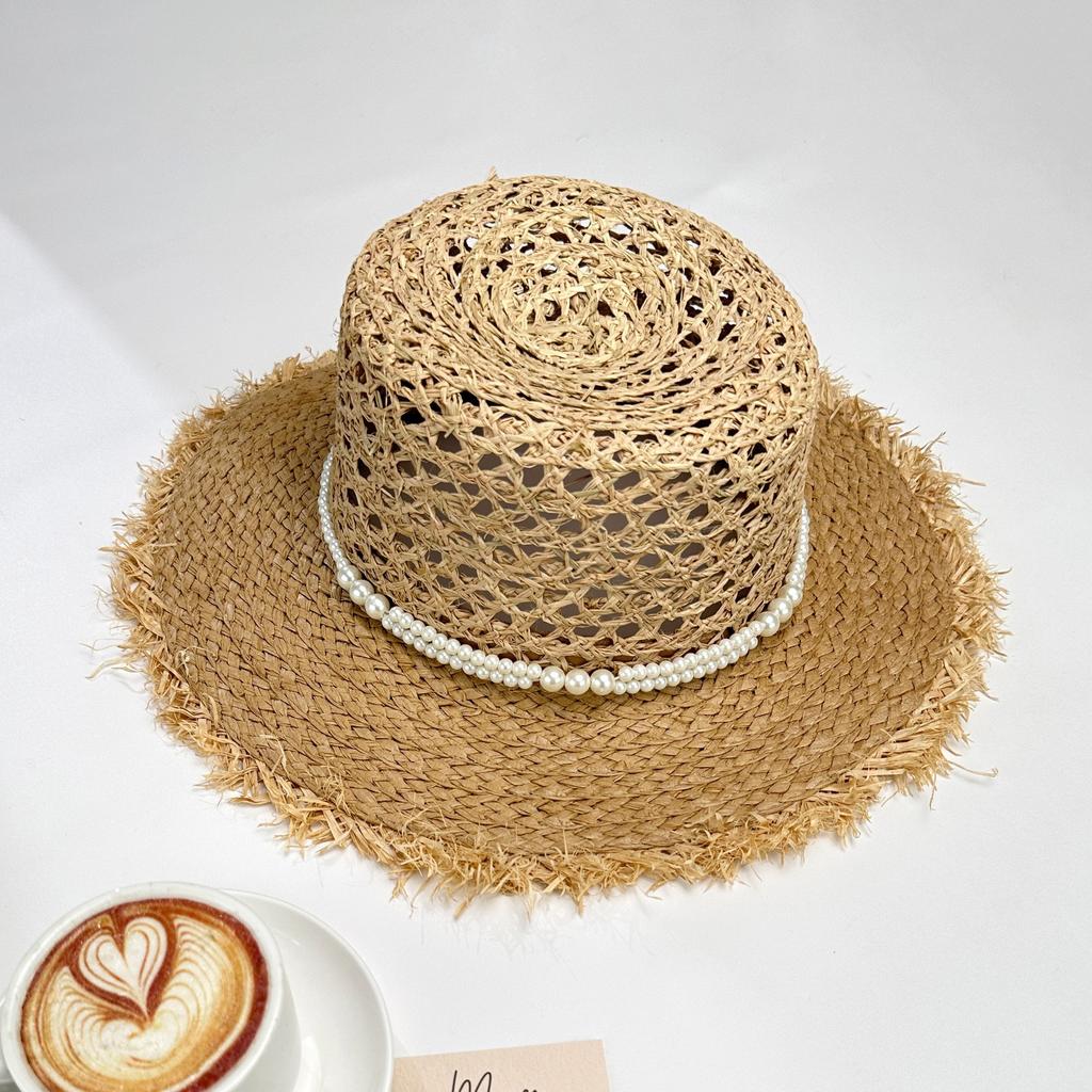 Summer big brim sun hat women's fashion ins seaside sun protection straw hat pastoral pearl face small sun hat