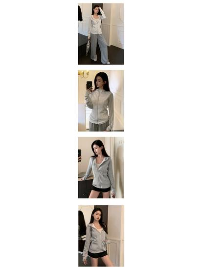 Grauer Kapuzen-Cardigan im koreanischen Stil für Damen, schmale Passform, lange Ärmel, tailliert, vielseitige Jacke