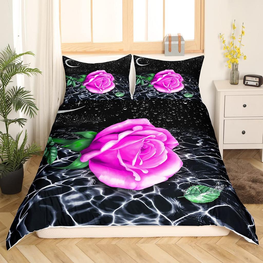 Blue Rose King Queen Bedding Set Romantic Floral Duvet Cover Abstract Water Ripples Flower Comforter Cover Polyester Quilt Cover