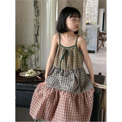 Robes d'été à carreaux et à empiècements pour petites et moyennes filles, robes débardeur amples et décontractées