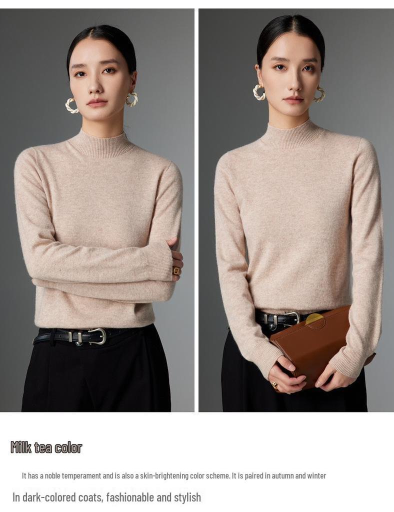 Women's High Neck Cashmere Knit Sweater: Warm, Versatile, Solid Color Pullover for Autumn and Winter.