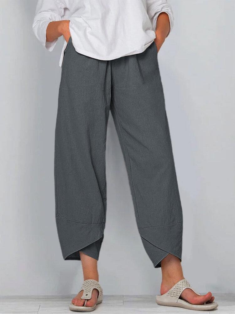 2026 Women s Wide-Leg Cropped Cotton Linen Pants - Casual, Elastic Waist, Loose Fit S