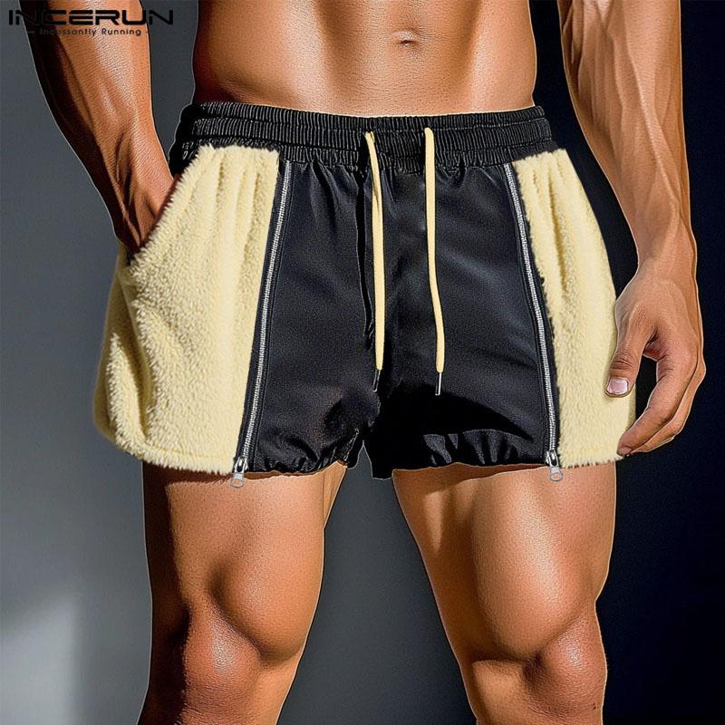 INCERUN Men Drawstring Elastic Waist Furry Patchwork Home Wear Mini Shorts