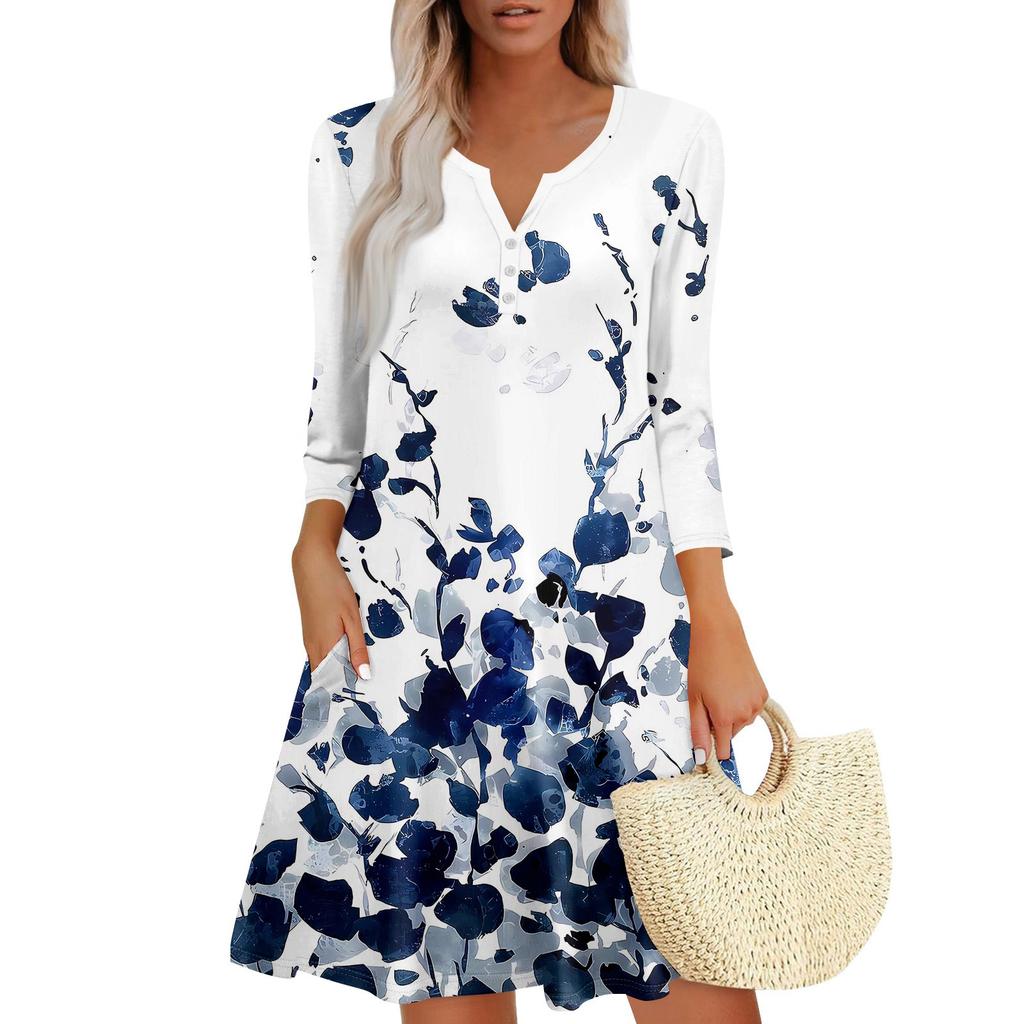 Women's Summer Dress Loose V Neck Three-quarter Sleeve Sundress With Pockets Dress