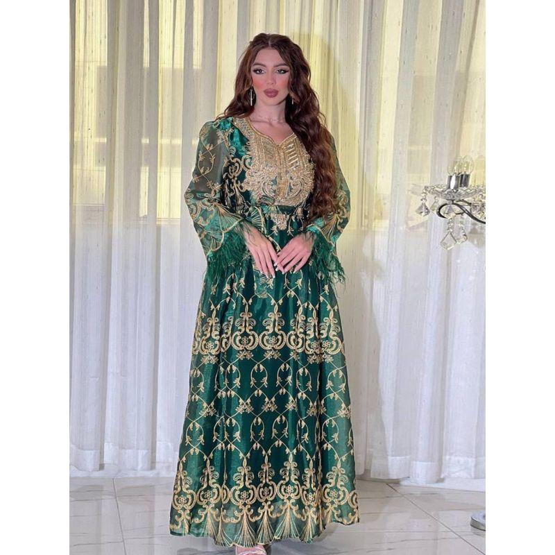 Arabic Dubai Women's Gold Mesh Embroidered Gorgeous Middle East Indonesian Robe Evening Gown Arabian Dress