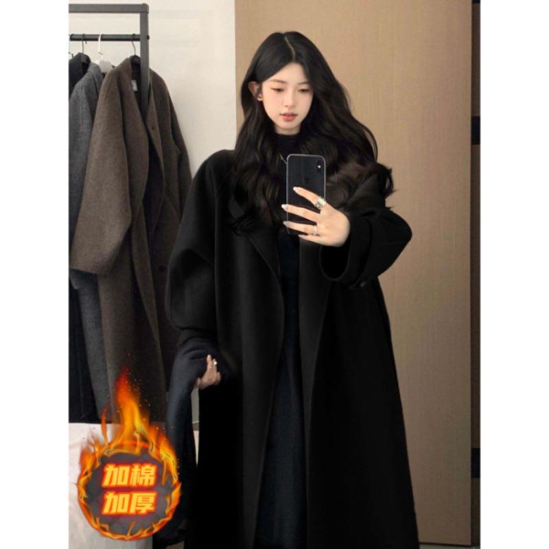 Black Woolen Coat for Women, Autumn and Winter Atmosphere, Woolen Coat Feeling Medium and Long