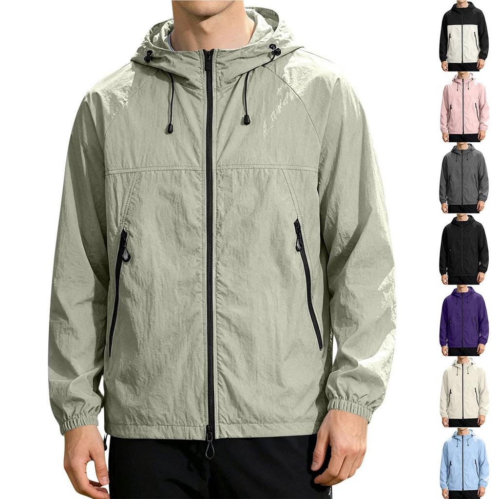 Men's Lightweight Hooded Sun Protection Jacket UV Resistant Outdoor Windbreaker with Zipper Pockets and Adjustable Drawstrings for Travel