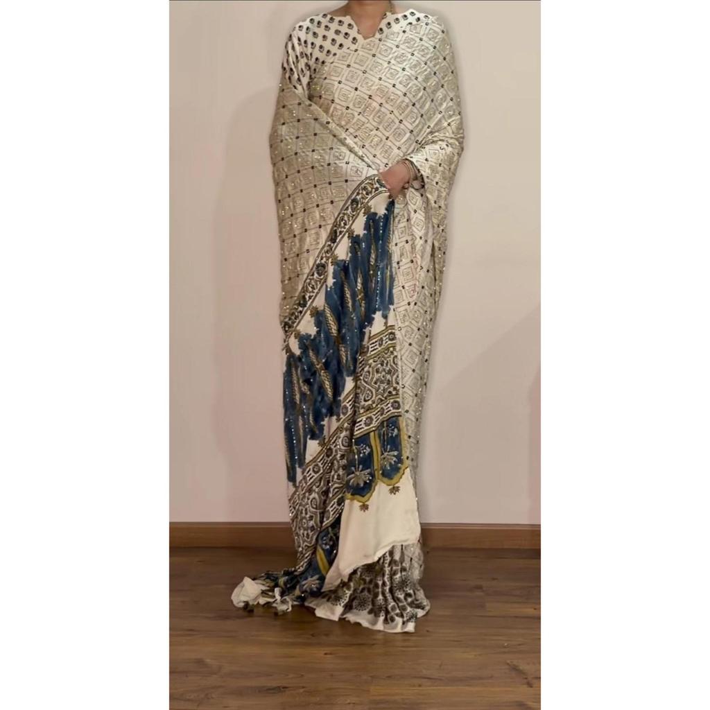 New Launch – Designer Chinnon Ajrak Saree with Real Mirror Work & Premium Kodi Lace Border