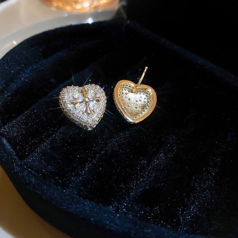 Luxury Zircon Heart Cross Earrings: Gold-Plated Sterling Silver, Elegant European & American Style for Women