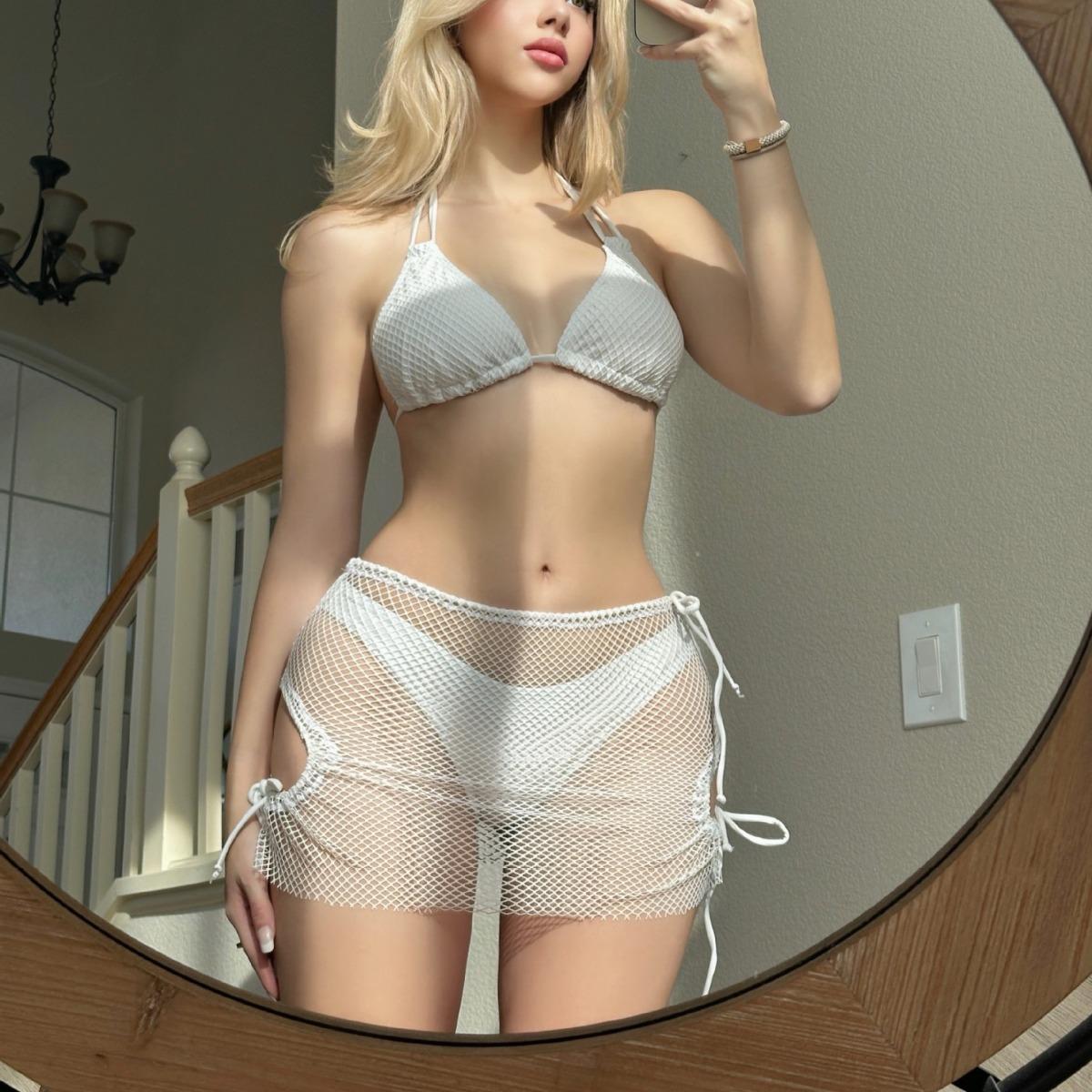 European and American grid yarn drawstring swimsuit three-piece swimsuit bikini bikini S белый