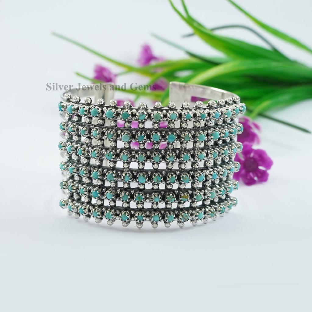 Natural Turquoise Big Cuff Bracelet, 6 Line Arizona Turquoise Boho Bangle, Wedding Bracelet, 925 Sterling Silver Multi Stone Bangle