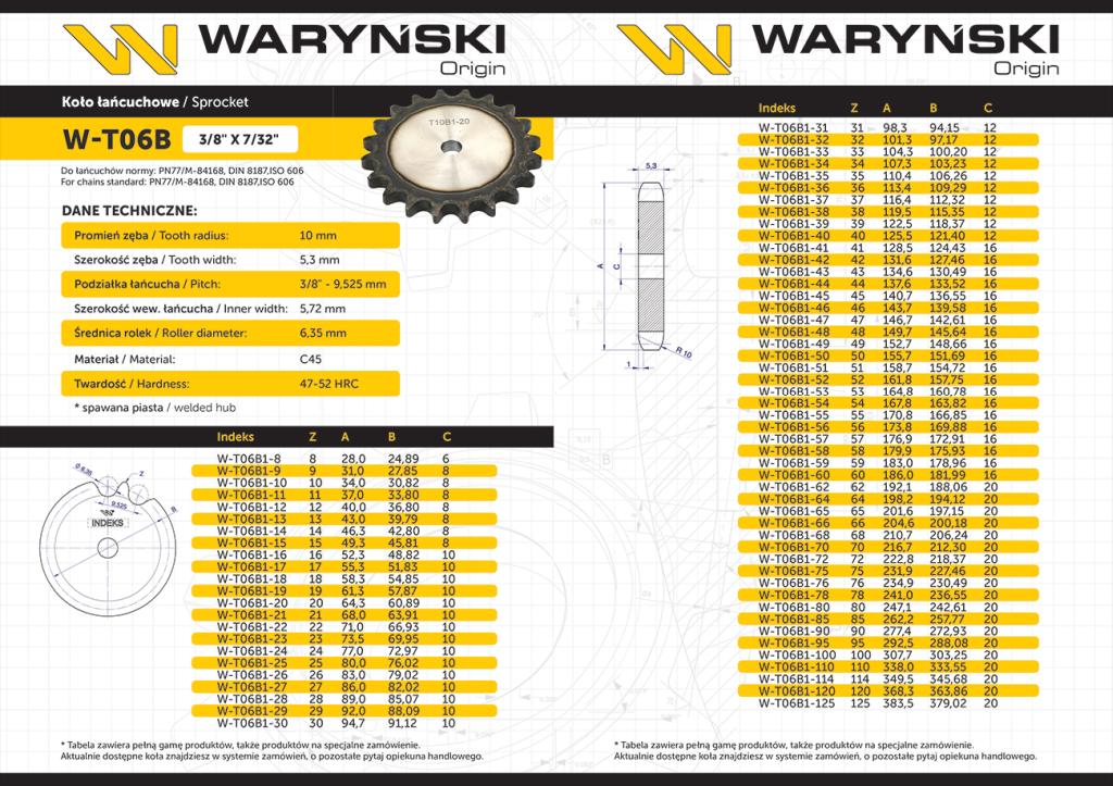 Koło Zębate Hartowane Tarcza 06B-1 (R1 3/8) Z-19 Waryński