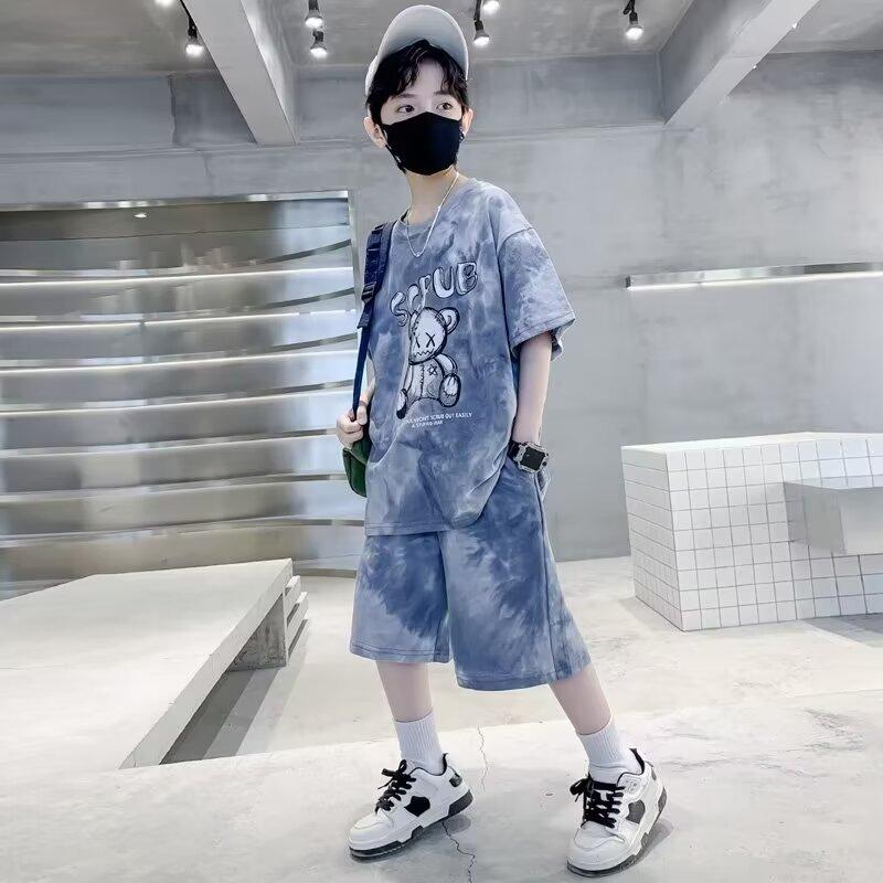 Drukowany Zestaw Ubraniowy dla Chłopców Luźny Casualowy Letni dla Nastolatków T-shirty z Gradientem + Krótkie Spodenki Ubrania Sportowe z Krótkim Rękawem dla Dzieci Garnitury