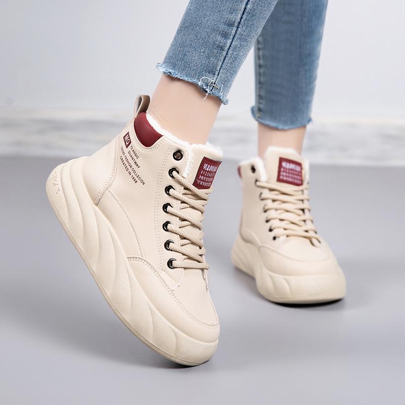 Women's White Chunky-Sole Sneakers High-Top Fleece-Lined Slip-Resistant All-Weather Warm Boots Durable Casual Style