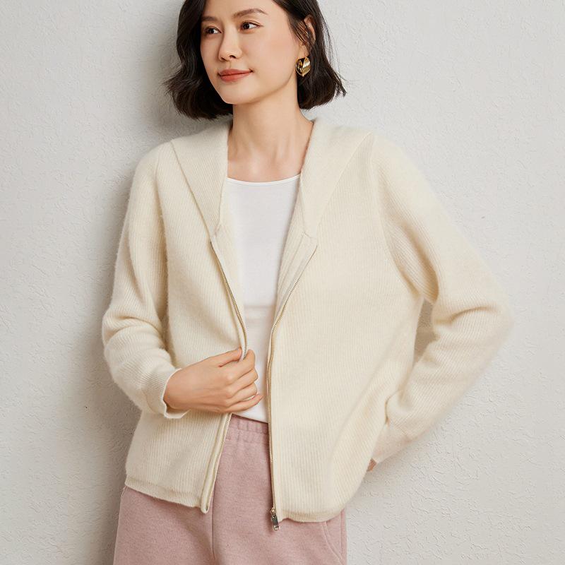 Women's Slim-Fit Wool Hooded Cardigan: Zippered, Long-Sleeve, Tight Cashmere Knitwear for Autumn & Winter
