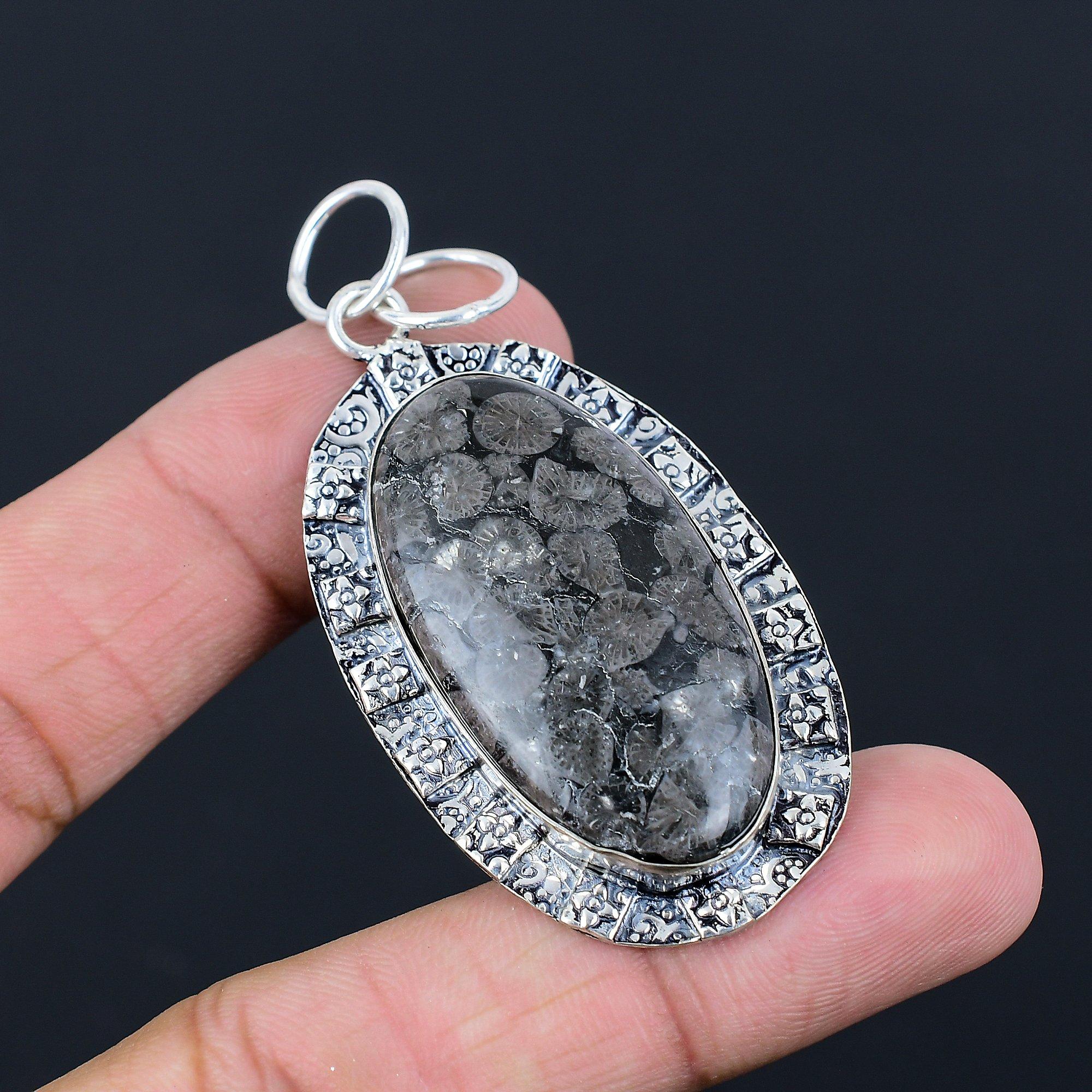 Mothers day Sale 925 Sterling Silver Black Fossil Coral Stone Wedding Pendant