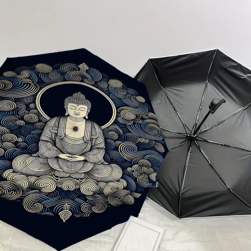 1pc Buddha Meditation Automatic Open/Close Umbrella Compact Folding Umbrella with 8-Rib Shaft for Women/Men, Elegant Birthday1246S