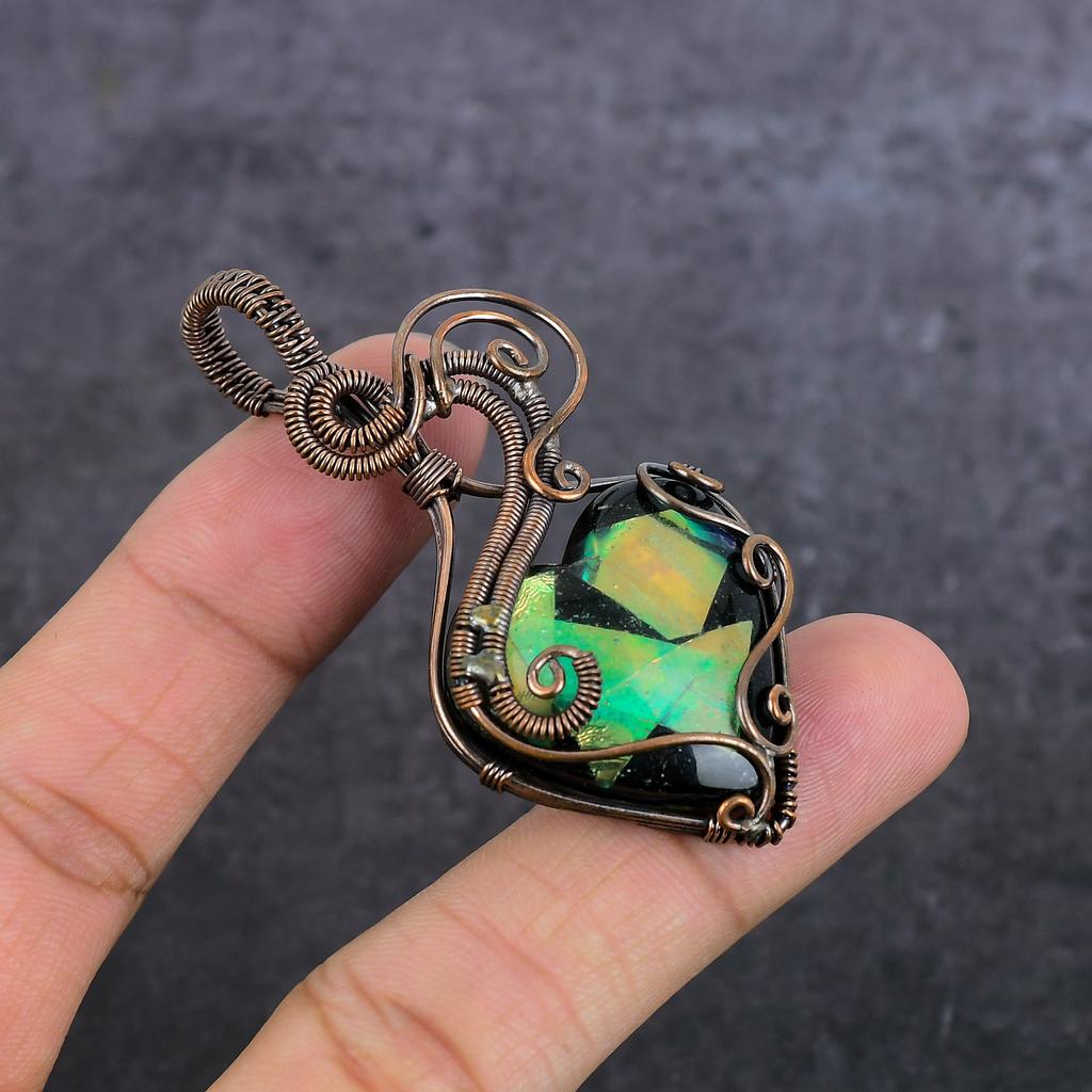 Natural Dichroic Glass Gemstone Copper Wire Wrap Jewelry Pendant 2.60" B0b72