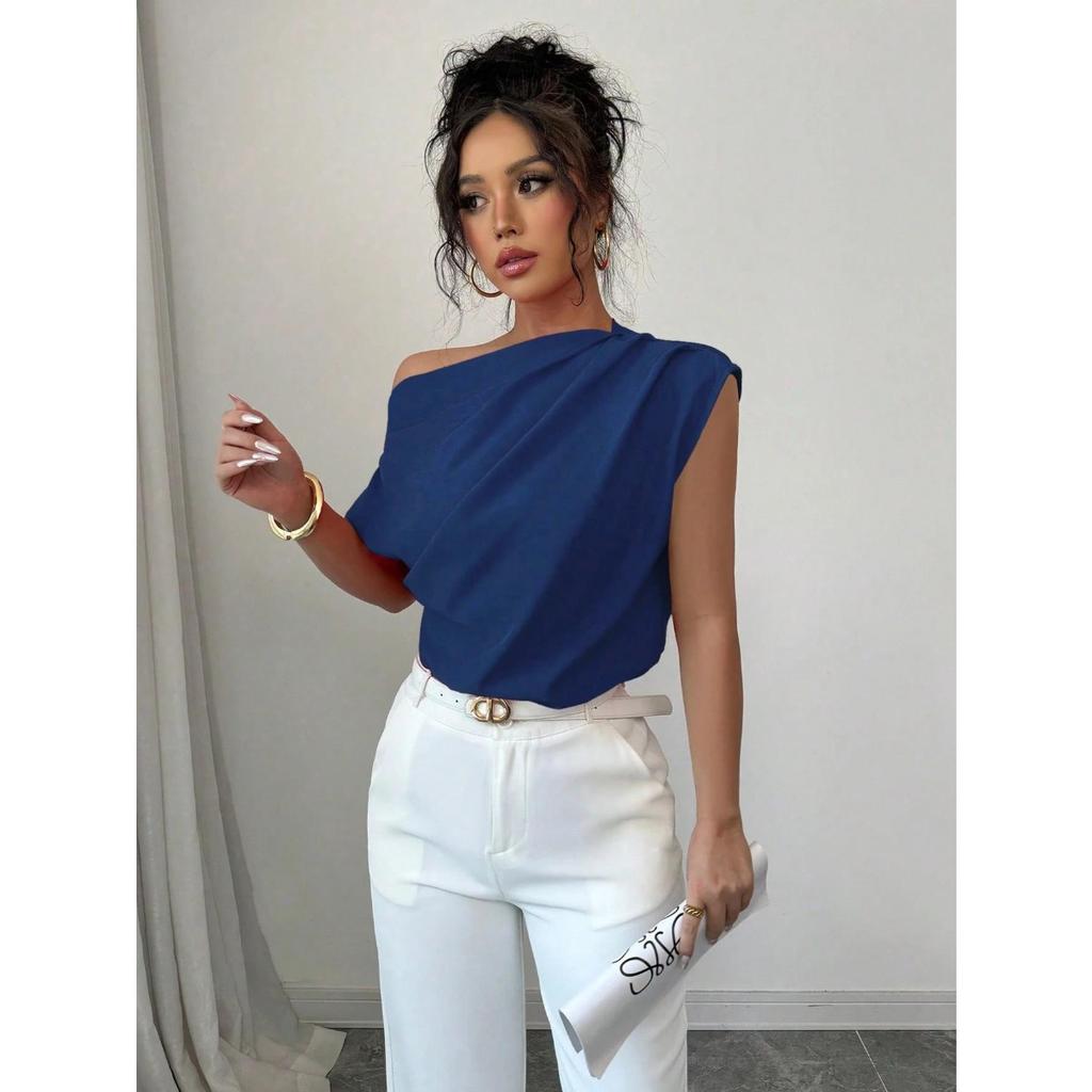 Women's Off Shoulder Sleeveless Solid Color Top Relaxed Fit Elegant Ruched Commuter Blouse