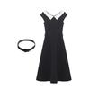 Black Collegiate Short-sleeve Dress for Women, New Summer Elegant, Waist-cinching, Slimming, French Long Skirt