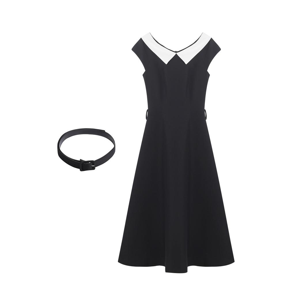 Black Collegiate Short-sleeve Dress for Women, New Summer Elegant, Waist-cinching, Slimming, French Long Skirt