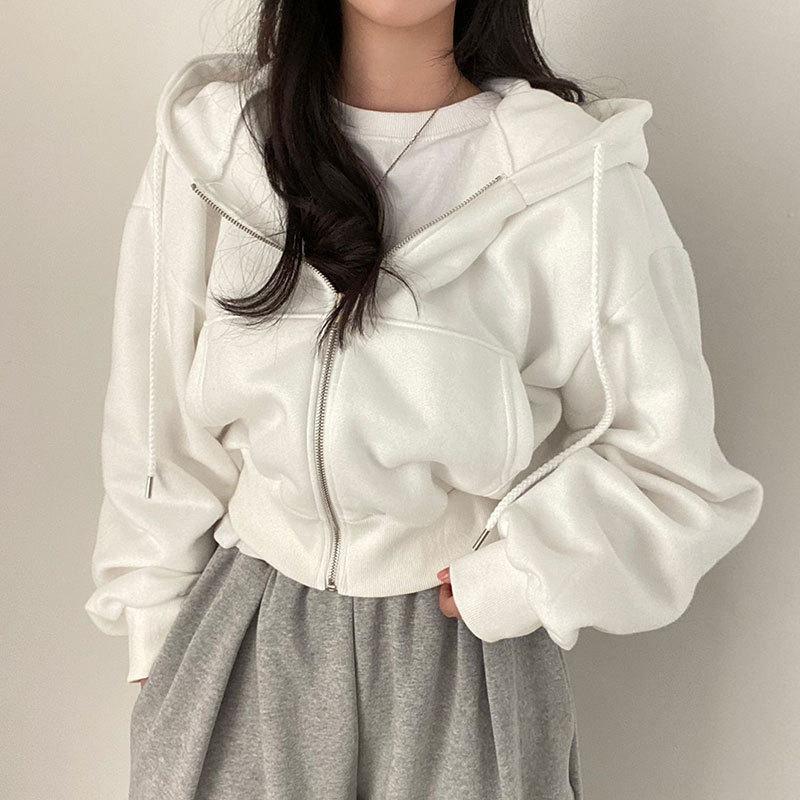 Dames Casual Hoodies Herfst Retro Effen Kleur Rits Oversized Sweatshirts Harajuku Lange Mouw Capuchon Losse Korte Jassen Jas