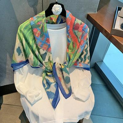 Versatile Summer Scarf Women's French Vintage Print Sun Protection Large Silk Square Scarf Travel Multi-Wear Versatile Scarf