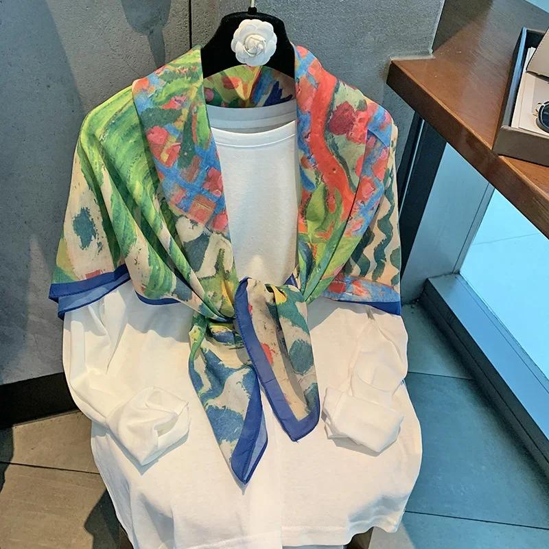 Versatile Summer Scarf Women'S French Vintage Print Sun Protection Large Silk Square Scarf Travel Multi-Wear Versatile Scarf