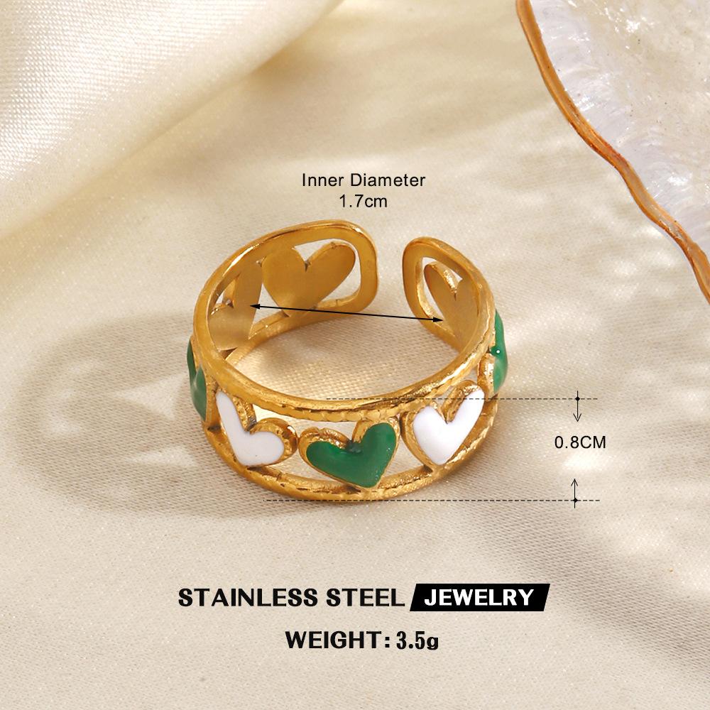 Stainless Steel Green Stone Rings for Women Men Vintage Geometric Metal Heart-Shaped Leaf Circular Open Ring Party Jewelry Gifts