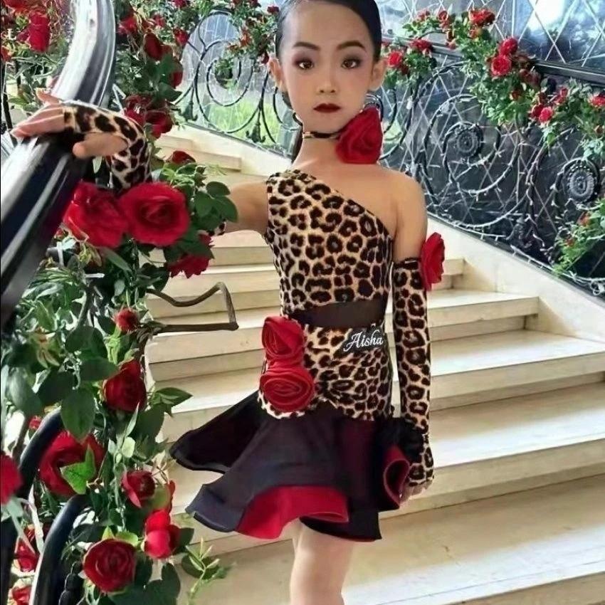 Латинское платье для выступлений с одним плечом, леопардовое платье для латиноамериканских танцев, латинское профессиональное платье для девочек, одежда для сальсы 170 леопардовый