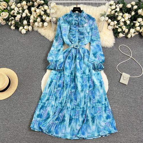 

Осенние платья для женщин, винтажное шифоновое платье с цветочными оборками, женское темпераментное плиссированное платье макси One Size синий